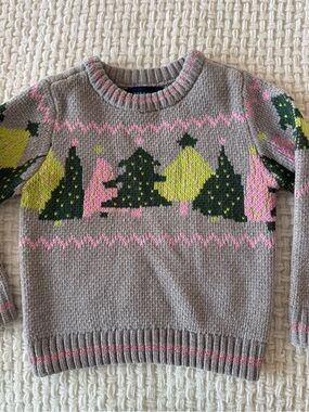 Andy & Evan Gray Knit Sweater with Pink, Green and Yellow Tree Pattern